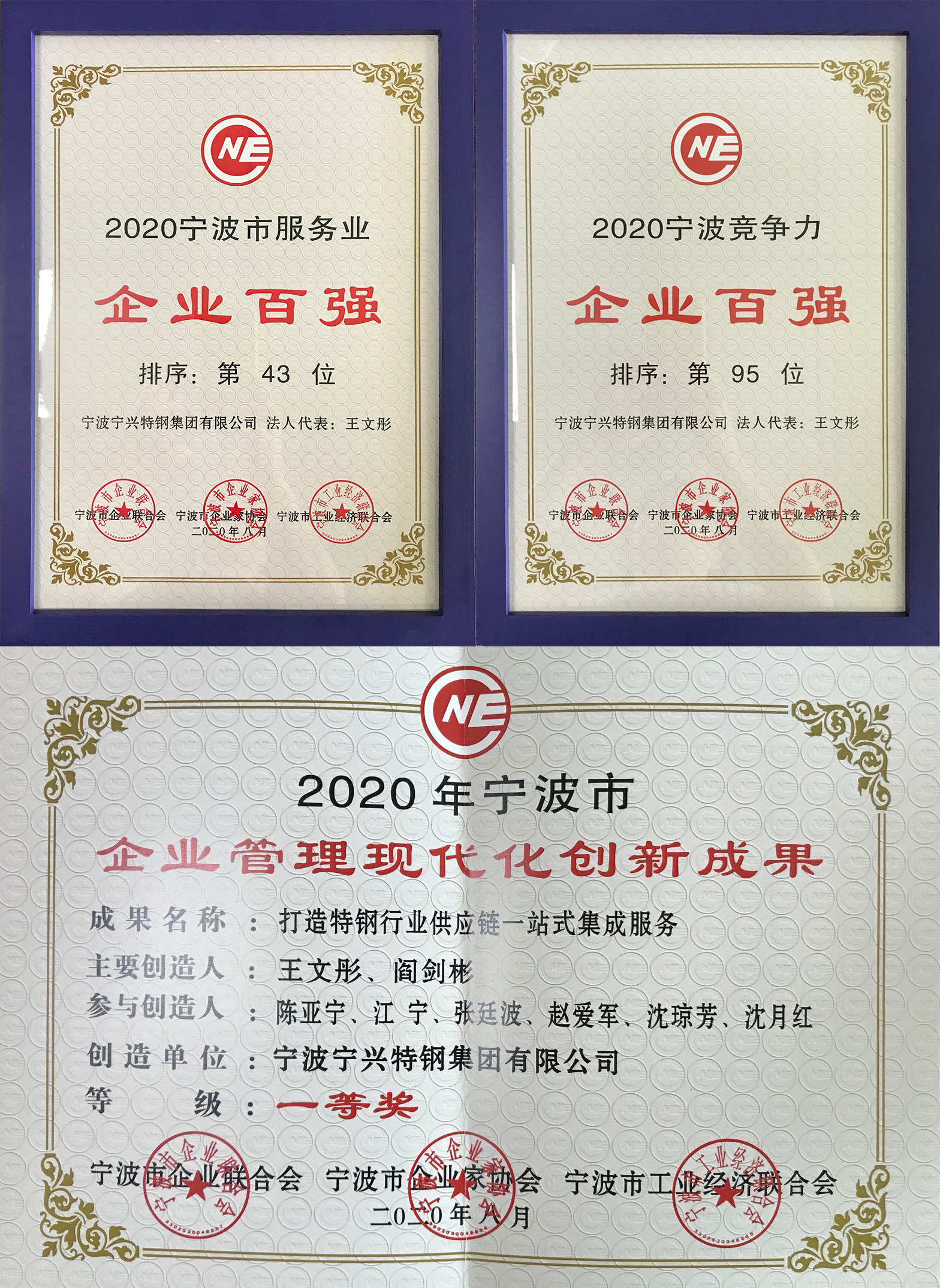 寧興特鋼集團連續八年入選寧波市服務(wù)業(yè)百強企業(yè) 并獲2020年寧波市企業(yè)管理現代化創(chuàng  )新成果一等獎